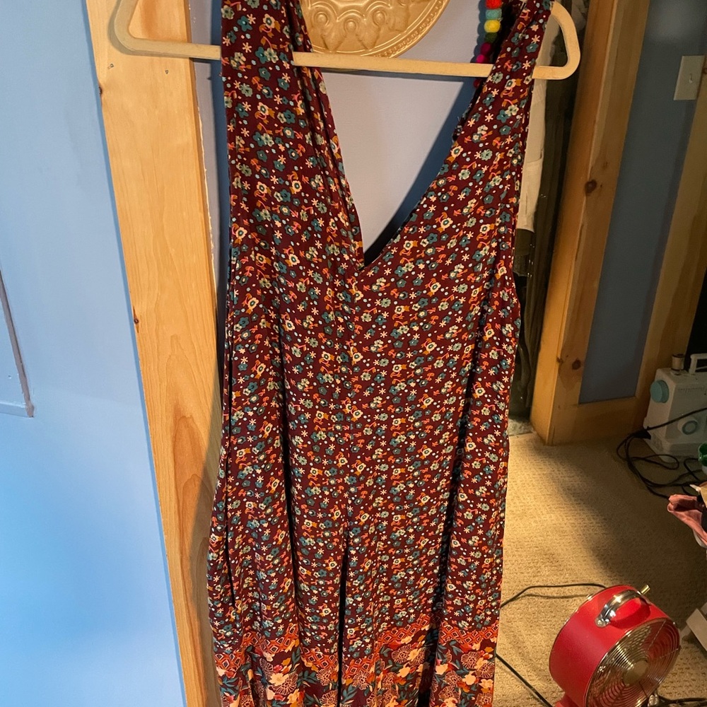 NATURAL LIFE Maroon w/flowers Sleeveless Maxi Jumpsuit perfect for layering!!